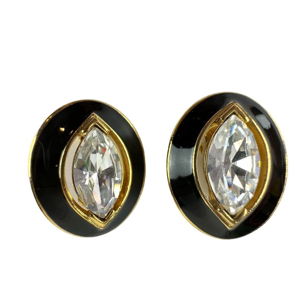 Vintage TRIFARI Oval Clip-On Earrings Black & Gold With Clear Crystal Accents